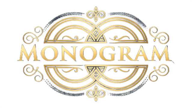 A golden monogram logo with ornate flourishes and decorative elements on a black background design art