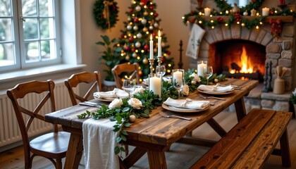 Obraz premium A cozy, Christmas themed room with a wooden table set for a meal, flanked by wooden chairs and decorated with festive greenery, candles, and candlesticks