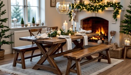 A cozy Christmas themed dining area with a warm, festive ambiance. It features a large wooden dining table surrounded by multiple chairs