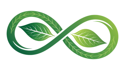 A green infinity symbol made of leafy vines with two leaves in the center on a black background