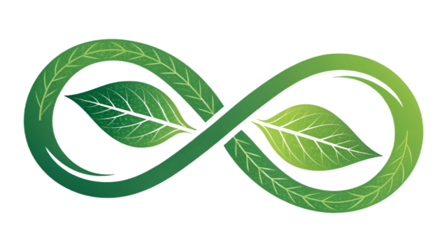 A green infinity symbol made of leafy vines with two leaves in the center on a black background