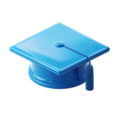 Shiny, light-blue graduation cap with tassel, 3D rendered, isolated on black background