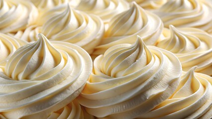 Closeup macro view of perfectly piped swirls of creamy yellow meringue or frosting, creating a delightful and tempting dessert texture