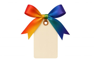 Blank gift tag with rainbow ribbon bow celebrating love, diversity, and pride on transparent background