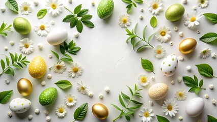 Easter eggs decorated with green, white, and gold patterns, surrounded by fresh green leaves and delicate white daisies, arranged on a clean white background