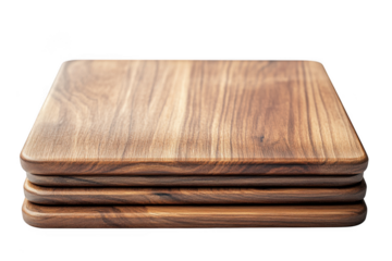 Stack of three wooden cutting boards, kitchen utensils, food preparation, rustic wood texture, culinary tools, serving trays, isolated on transparent background