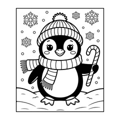 Cute Christmas Penguin with Candy Cane, Winter Holiday Coloring Page Vector, Penguin in Hat and Scarf with Snowflakes, Adorable Kids Christmas Vector Illustration, Winter Penguin Cartoon Character.