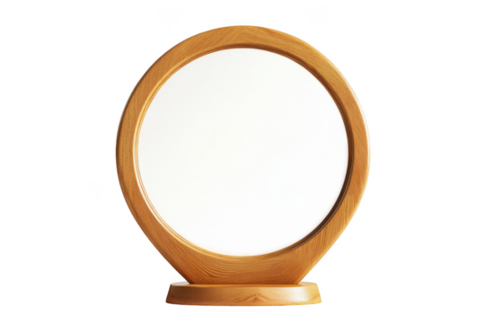 Round wooden framed mirror home decor interior design element reflective surface aesthetic object isolated on transparent background
