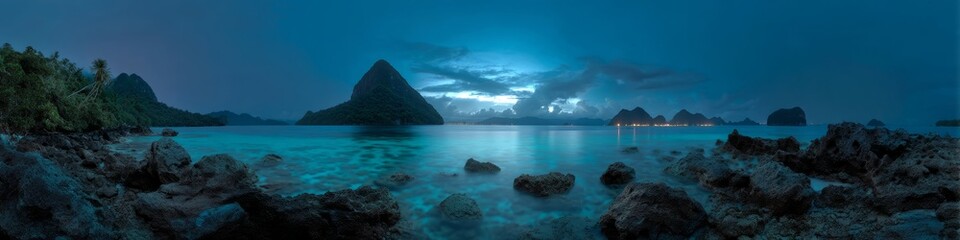 Stunning hdr panorama of serene coastal landscape at night tropical island vibes