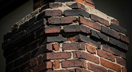 Close-up of old weathered brick chimney corner with soot and gray mortar