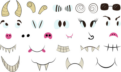 Comprehensive monster face vector clip art kit featuring playful cartoon eyes, various horns, sharp teeth, snouts, and mouths for fun character creation and custom characters.