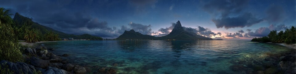 Stunning hdr panorama of serene night landscape tropical island ocean view
