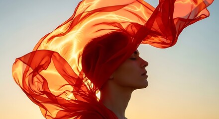A woman's profile is framed by a flowing red fabric against a warm, gradient sky at sunset.