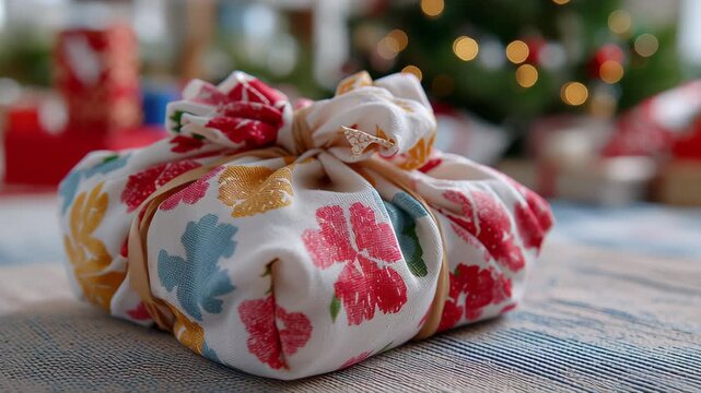 A colorful gift wrapped in a floral patterned cloth. The cloth is tied with a string. The gift is placed on a table