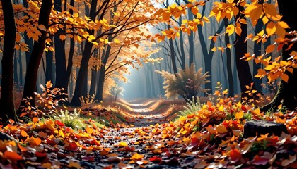 A serene autumn forest scene, with a pathway leading through a vibrant display of fallen orange leaves.