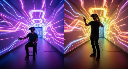 Two people experiencing virtual reality in a hallway with colorful neon light patterns.
