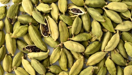 Close-up overhead view of whole and open green cardamom pods, revealing the aromatic seeds inside