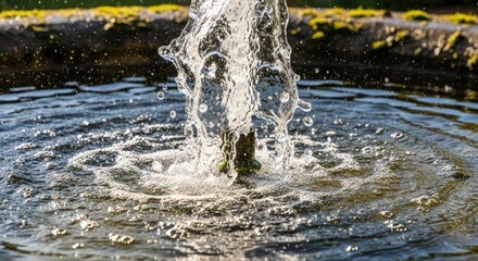 Water fountain jet with splashing water in a pond under sunlight