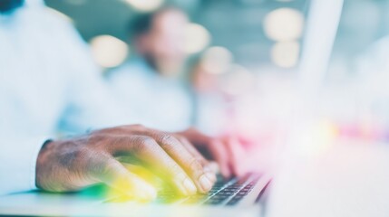 Person typing on laptop in a busy office during daylight hours