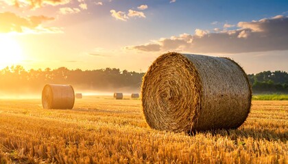 Golden hay bales at sunrise