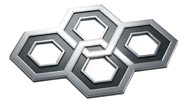 A metallic emblem featuring interconnected hexagons with a textured dark gray background and silver border