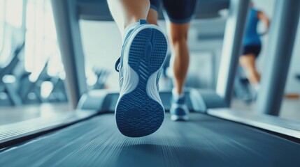 Gym workout with treadmill running showing active feet movement.