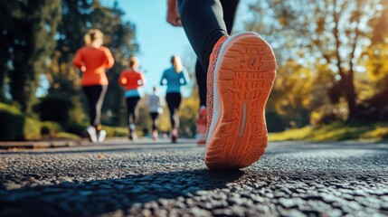 Group of athletes jogging side by side on the long road as part of endurance training in fresh air.
