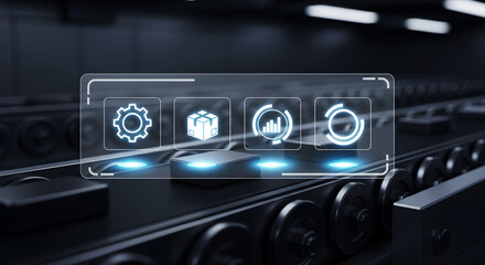futuristic Smart Conveyor System with Digital Interface Icons in Factory Automation