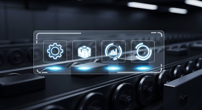 futuristic Smart Conveyor System with Digital Interface Icons in Factory Automation