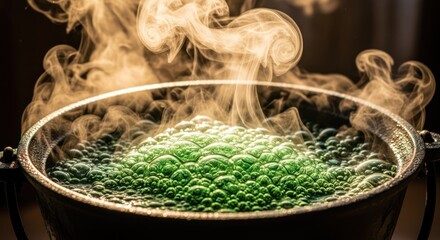 Steaming cauldron with green bubbling potion, magical still life.