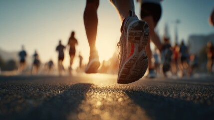 Joggers moving in unison on the road as part of daily workout.