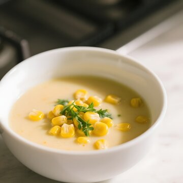 4k high quality Ai generative HD photo realistic bowl soup cream corn jagung sup krim mangkok hangat panas hot healthy vegetable coriander