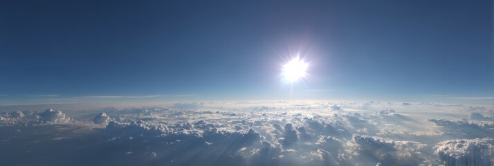 Breathtaking hdr panoramic view of clouds and sun above the horizon aerial perspective