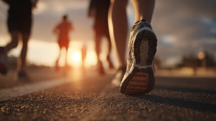 Group running together on asphalt road in the fresh air.