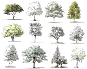 Collection of diverse trees with varying foliage, shapes, and sizes in different seasons
