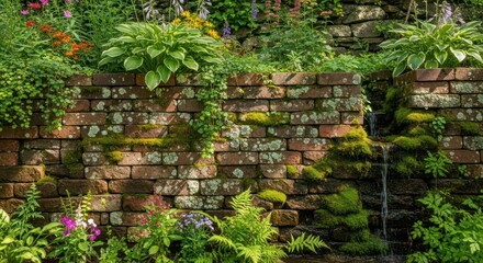 Brick garden wall with water feature and plant life in the summertime