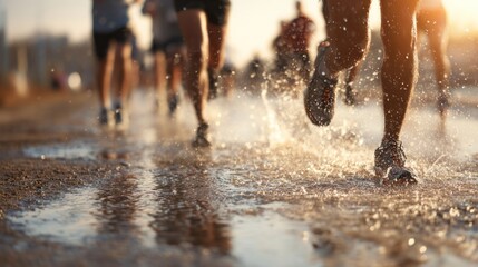 Joggers moving in unison on the road as part of daily workout.