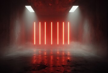 Illuminated vertical neon lights create a captivating visual display within a dark, atmospheric environment, reflecting.