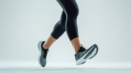 Detailed shot of running shoe and foot of athlete during exercise captured against a bright white background.