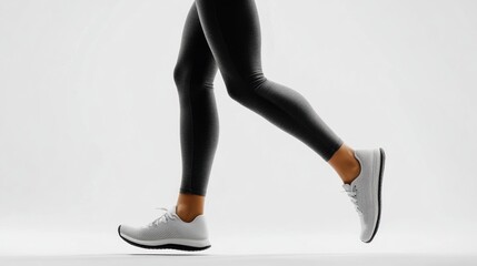 Detailed shot of running shoe and foot of athlete during exercise captured against a bright white background.