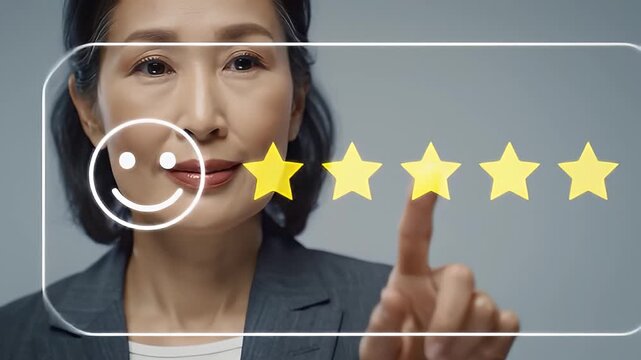 Asian businesswoman giving five-star rating on digital interface with progress bar and smiley icon, isolated on light gray background for review and customer satisfaction