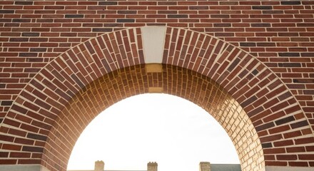 Red brick archway detail with architectural elements on building exterior