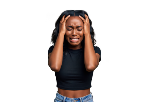 Distraught african american woman crying with hands on head, feeling depressed, sad, frustrated, upset, emotional isolated on transparent background