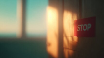 Close-up of a stop sign illuminated by warm sunlight in a peaceful setting