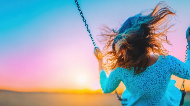 Girl swinging at sunset with vibrant colors in the sky - Powered by Adobe
