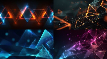 Abstract Glowing Triangles and Particle Networks High-Tech Futuristic Backdrop Collage