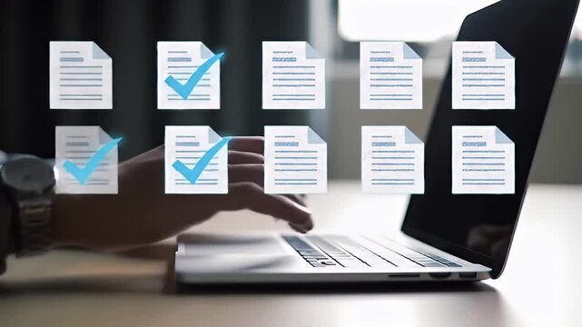 Document management concept with laptop and checkmarks. Digital workflow automation for business, paperless office, online approvals, and efficient data processing.