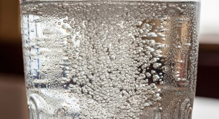 Close-up of water in a glass with rising bubbles, refreshment concept