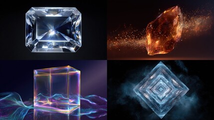 Four Crystal Forms - Emerald Cut Diamond, Golden Nugget, Prismatic Glass Block, Icy Diamond.