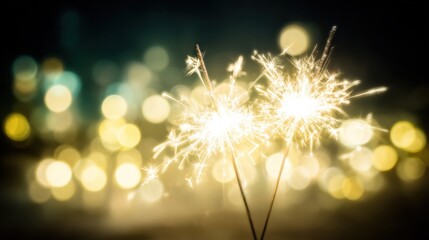 Fototapeta premium Celebratory sparklers glowing at night against a blurred festive background